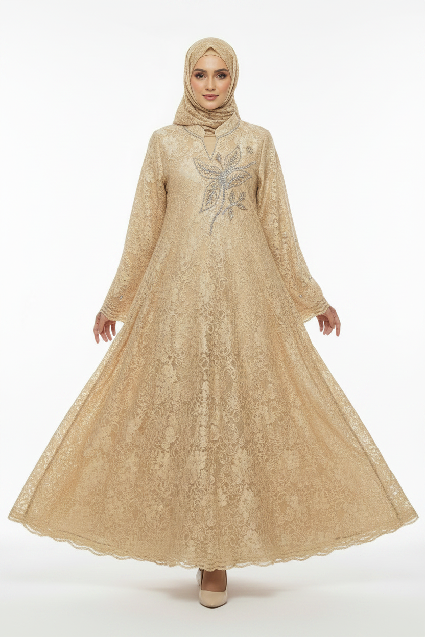 Floral Embellished Lace Dress – Champagne Gold