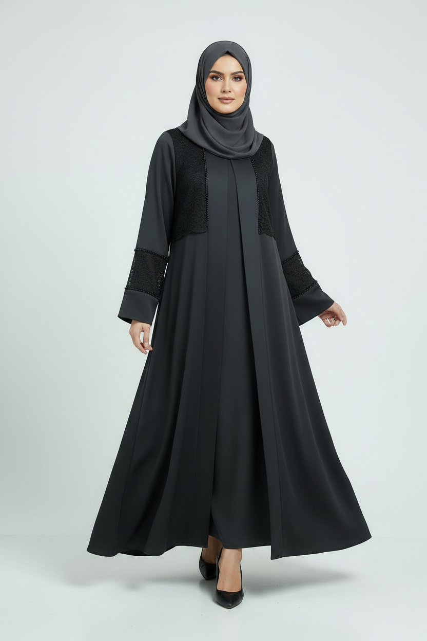 Floral Embellished Satin Dress – Charcoal Black