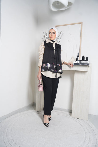 Shirt & Vest Model 7325 - Poplin & Jazar - Beige & Black