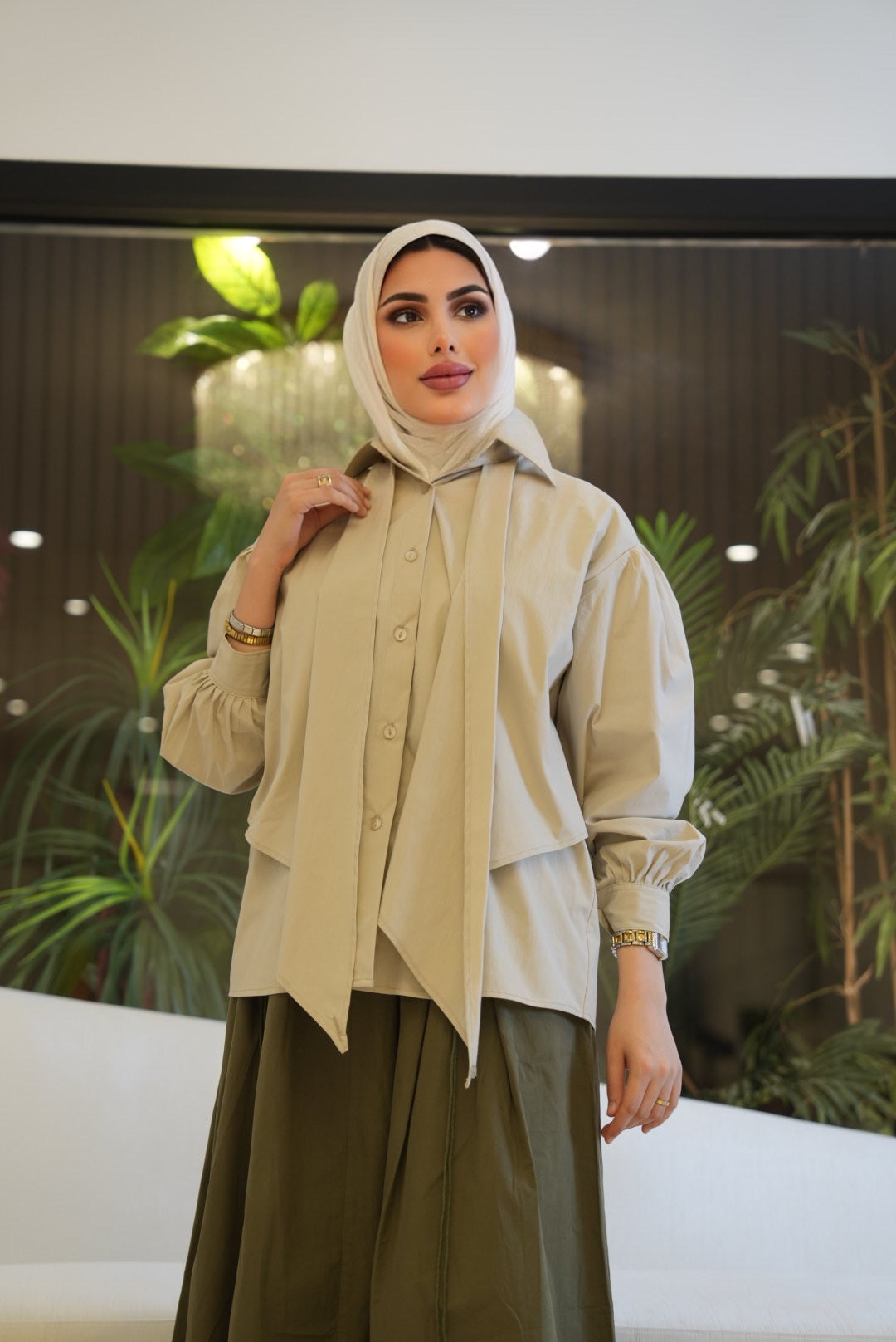 Classic Tie-Collar Cotton Shirt - Beige