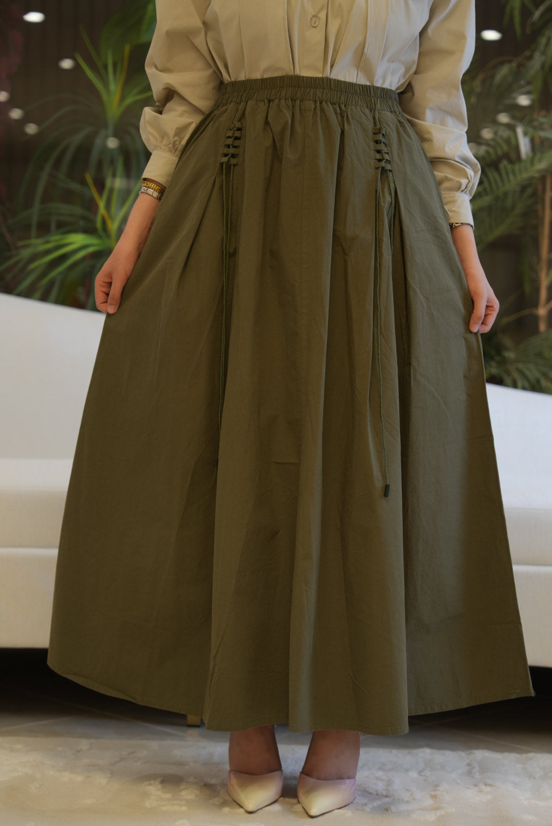 High-Waist Pleated Linen Skirt - Olive Green