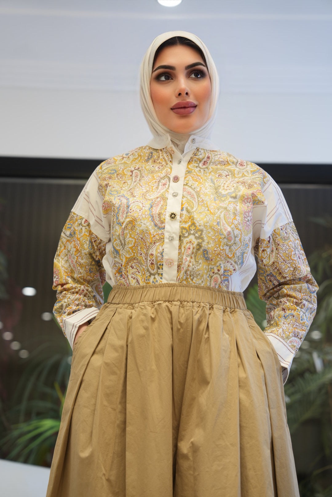 Paisley Poplin Button-Up Shirt - Gold & Cream