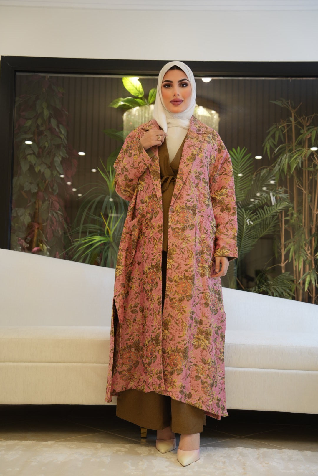 Floral Jacquard Open Jacket - Pink Mix