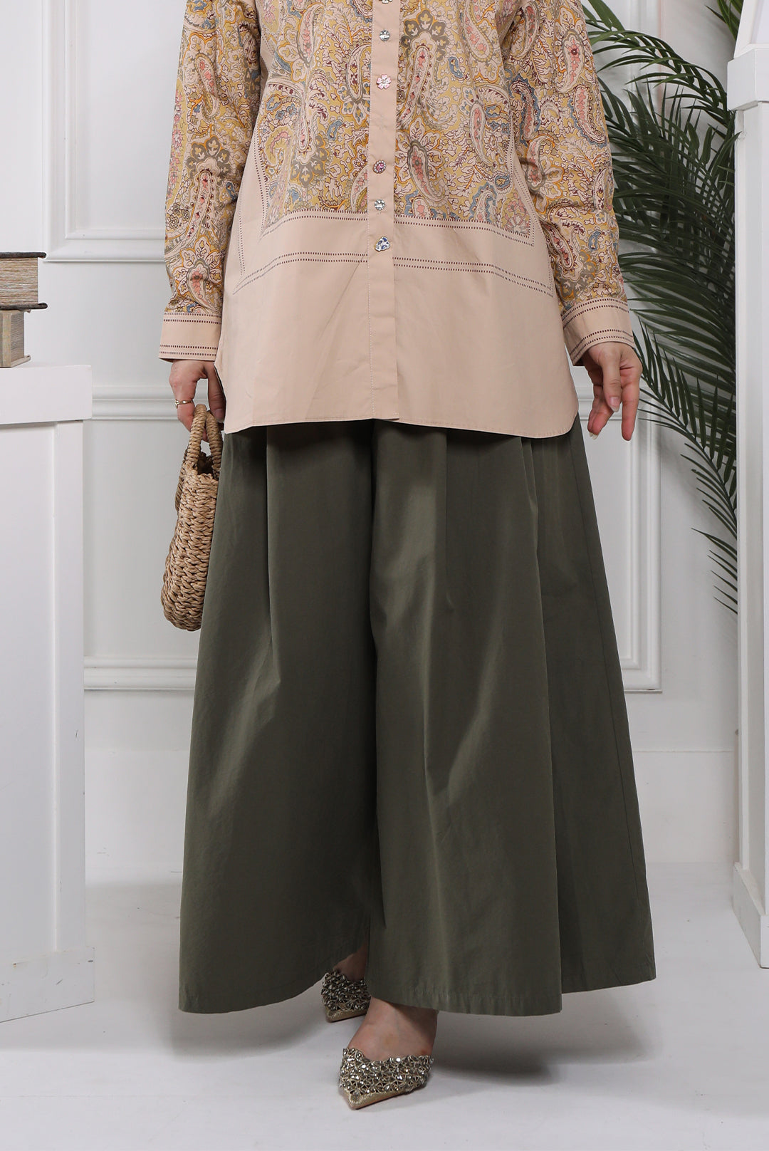High-Waisted Linen Wide Pants - Olive Green