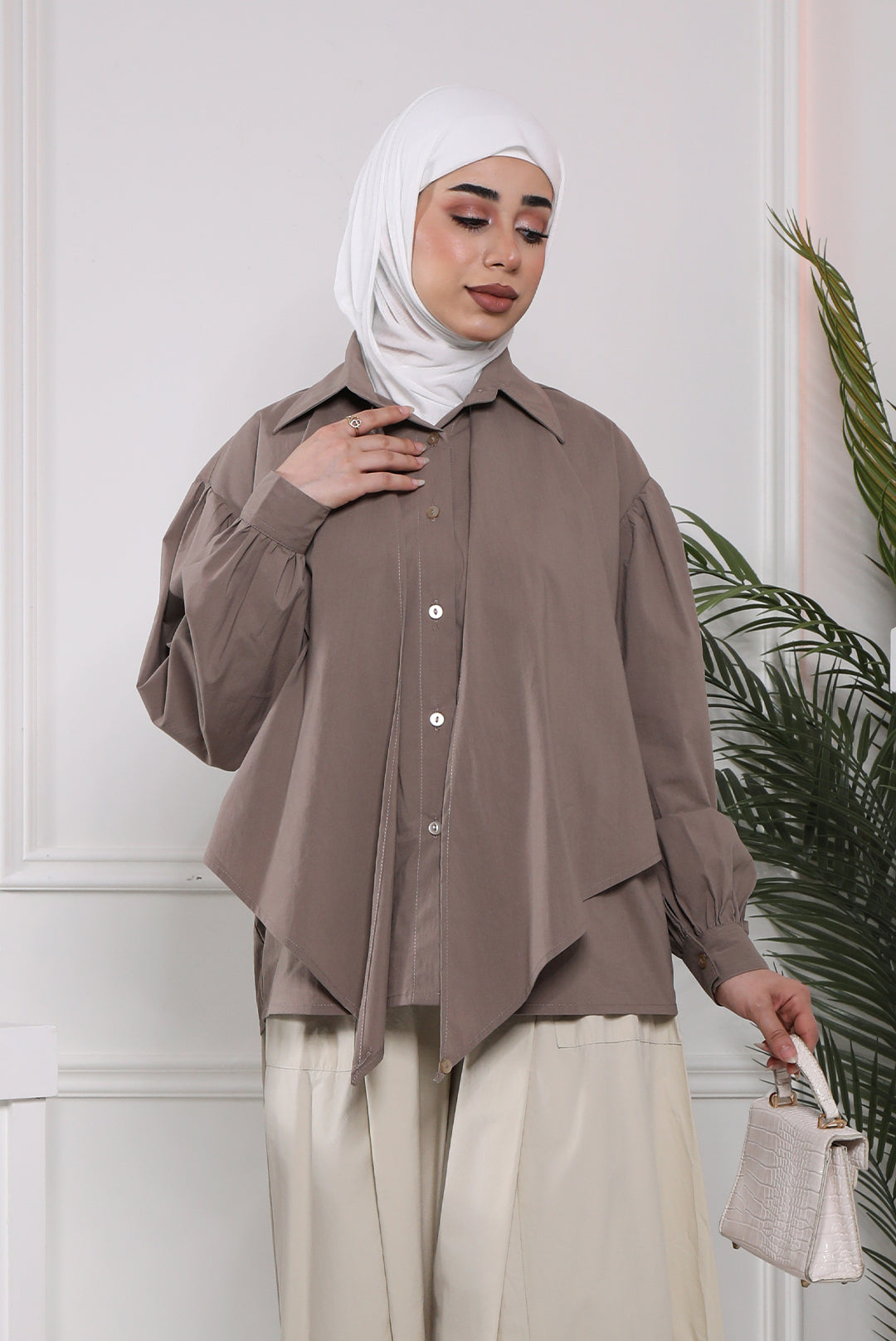Classic Tie-Collar Cotton Shirt - Brown