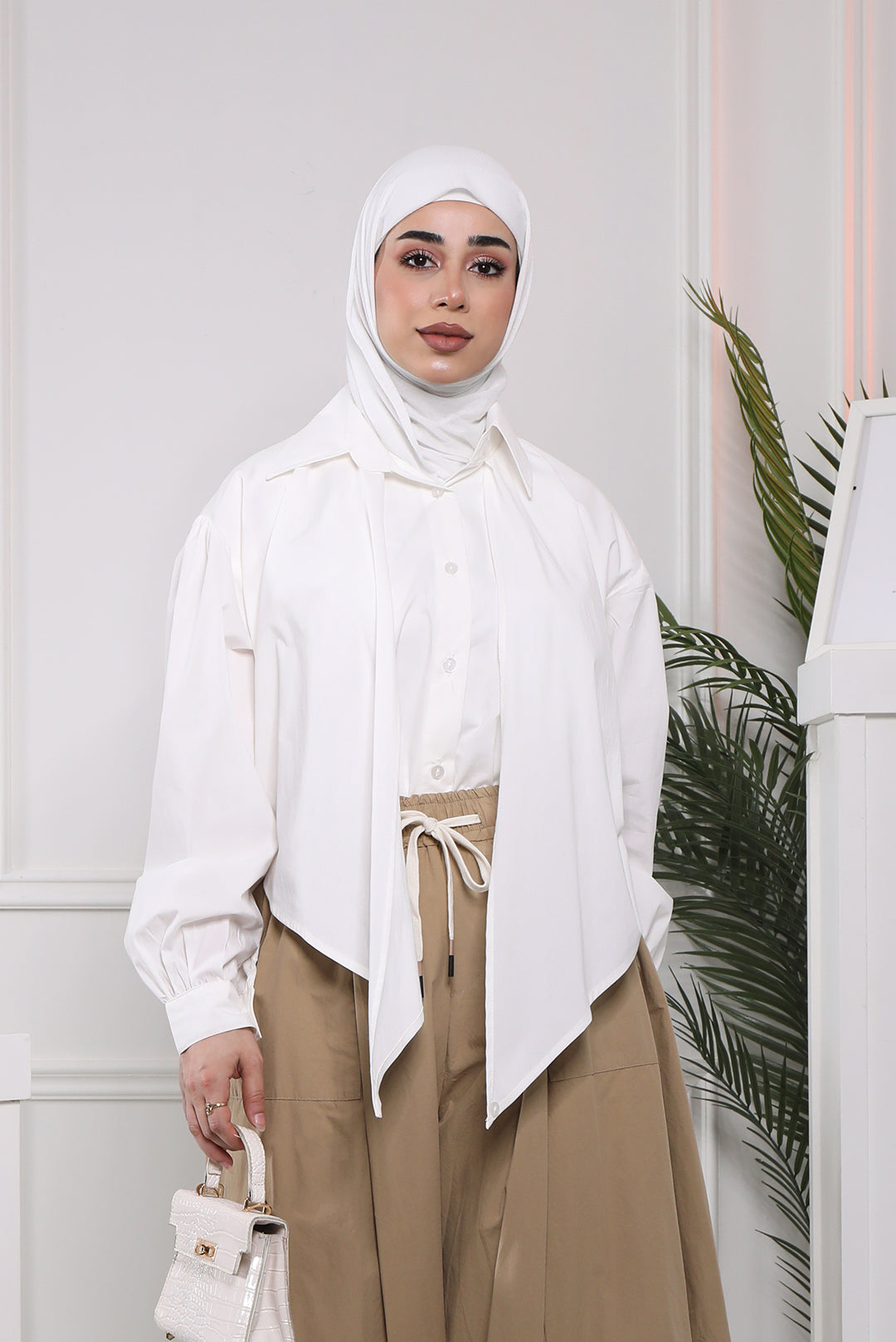 Classic Tie-Collar Cotton Shirt - White