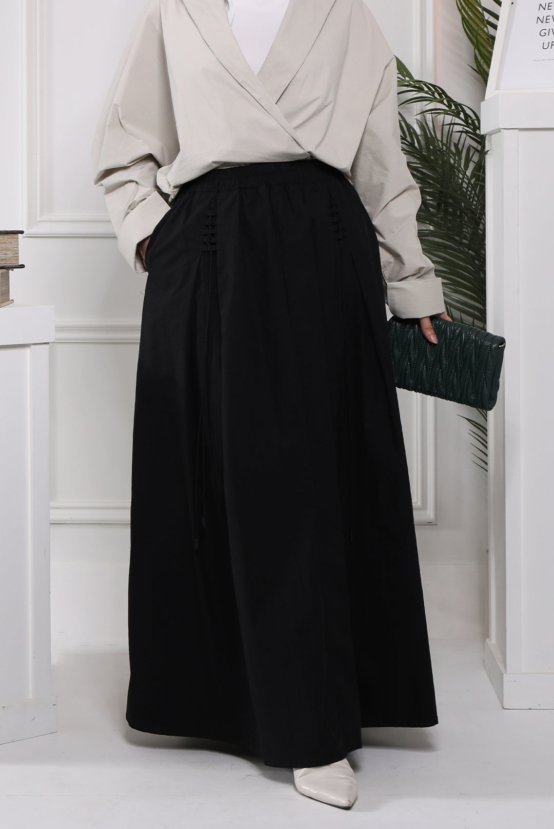 High-Waist Pleated Linen Skirt - Black