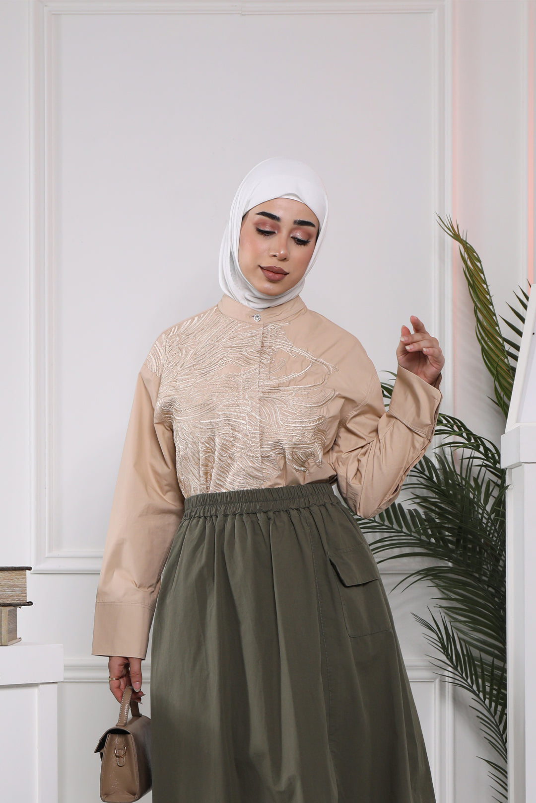 Embroidered Poplin Shirt - Beige