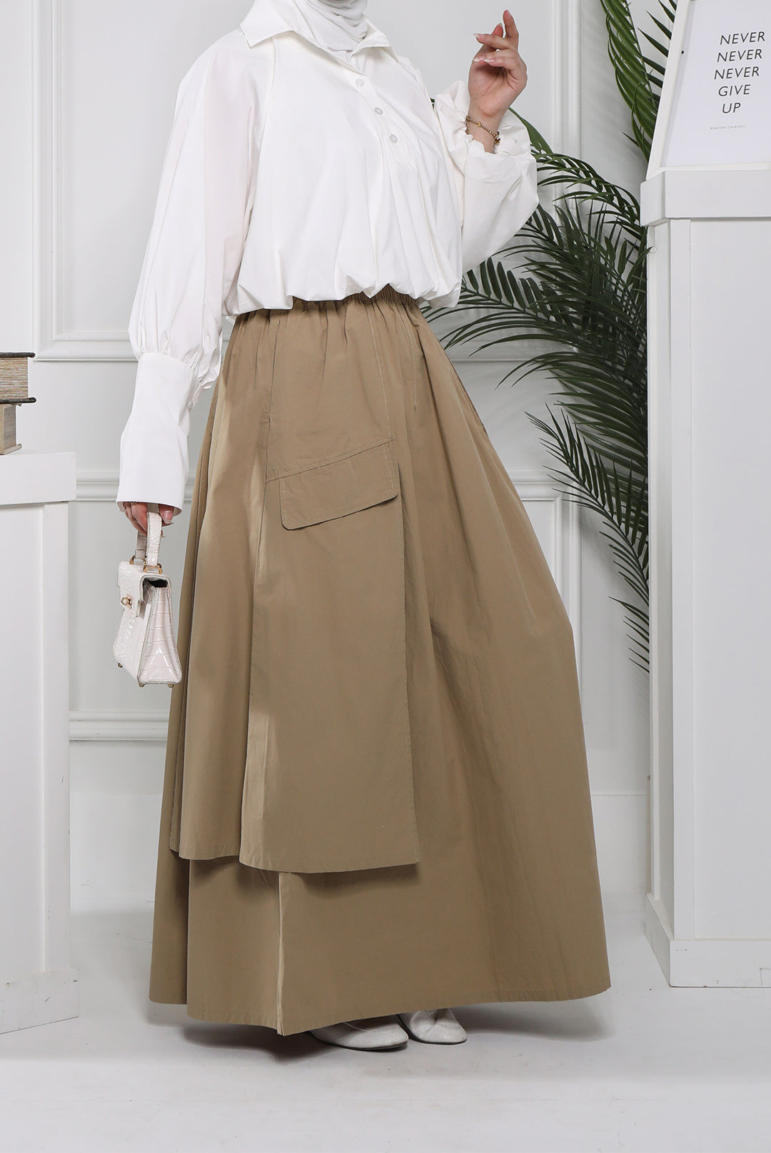 Double Layer Pocket Linen Skirt - Dark Beige