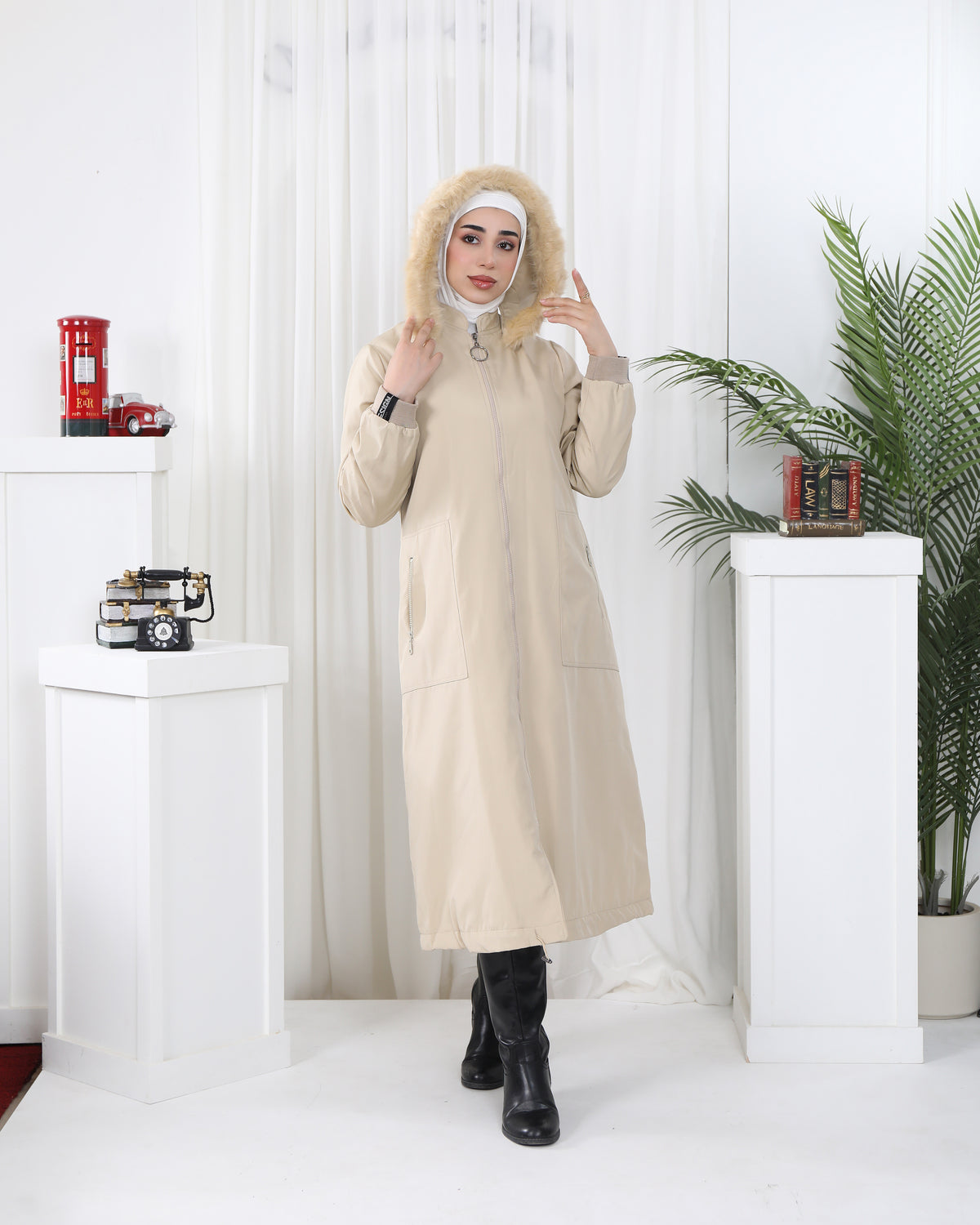 Faux Fur Hooded Parachute Jacket – Beige