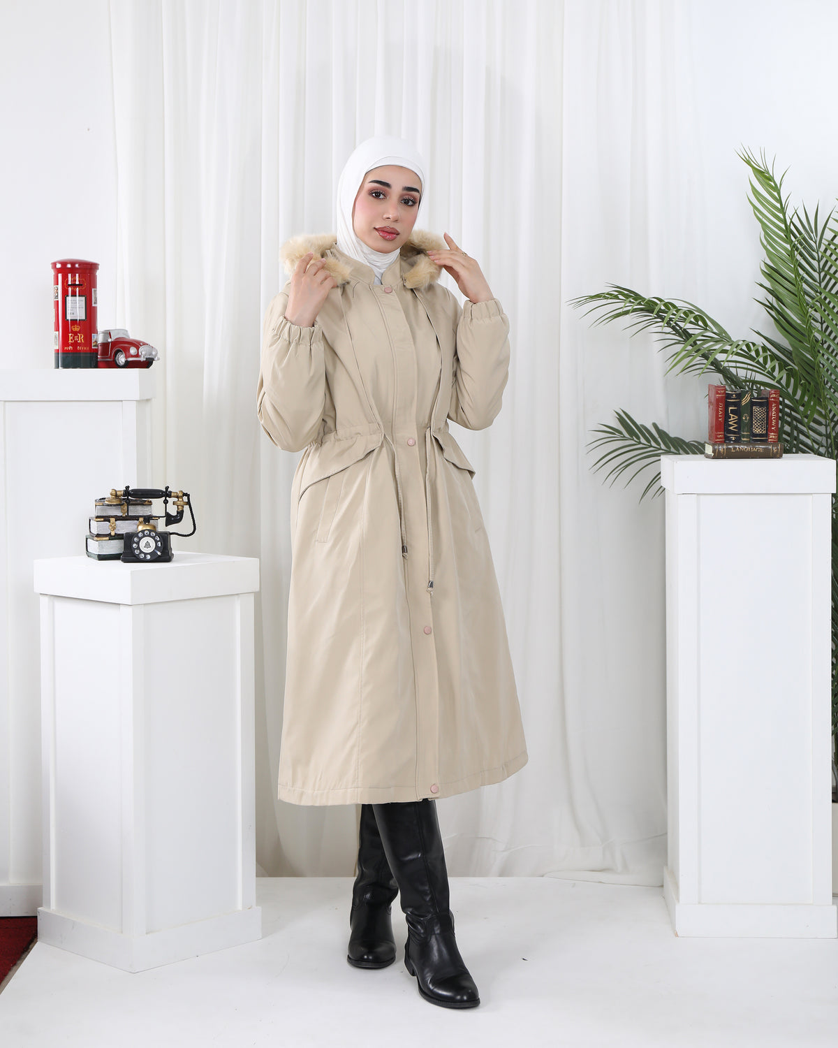 Faux Fur Hooded Drawstring Parachute Jacket – Beige