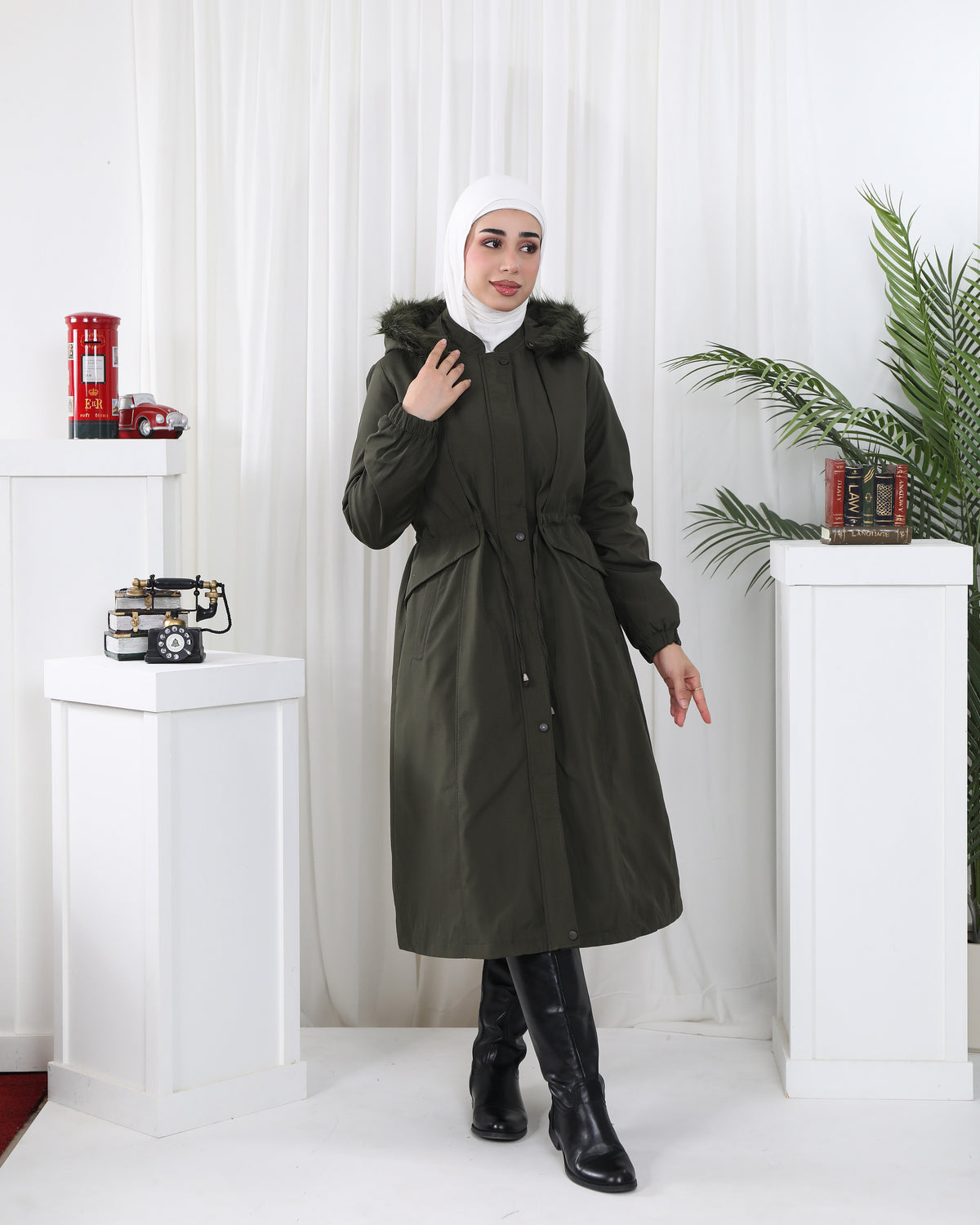 Drawstring Waist Parachute Jacket – Olive Green