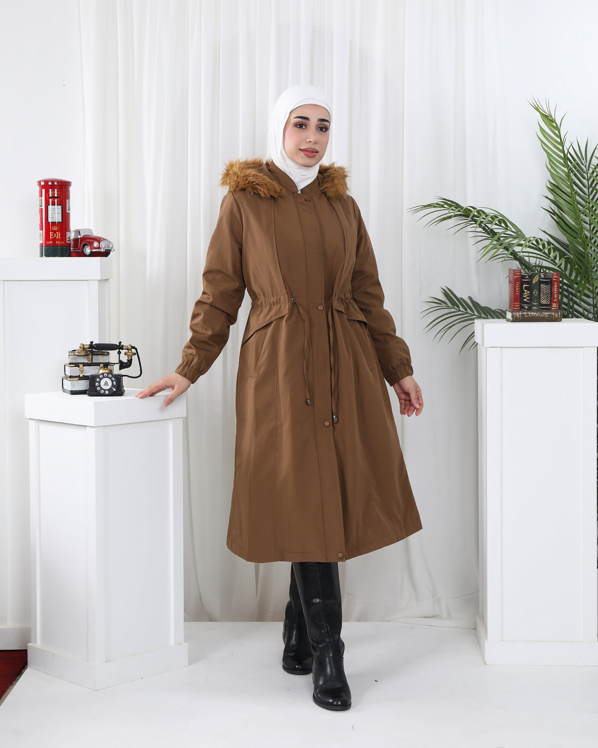 Faux Fur Hooded Drawstring Parachute Jacket – Caramel Brown