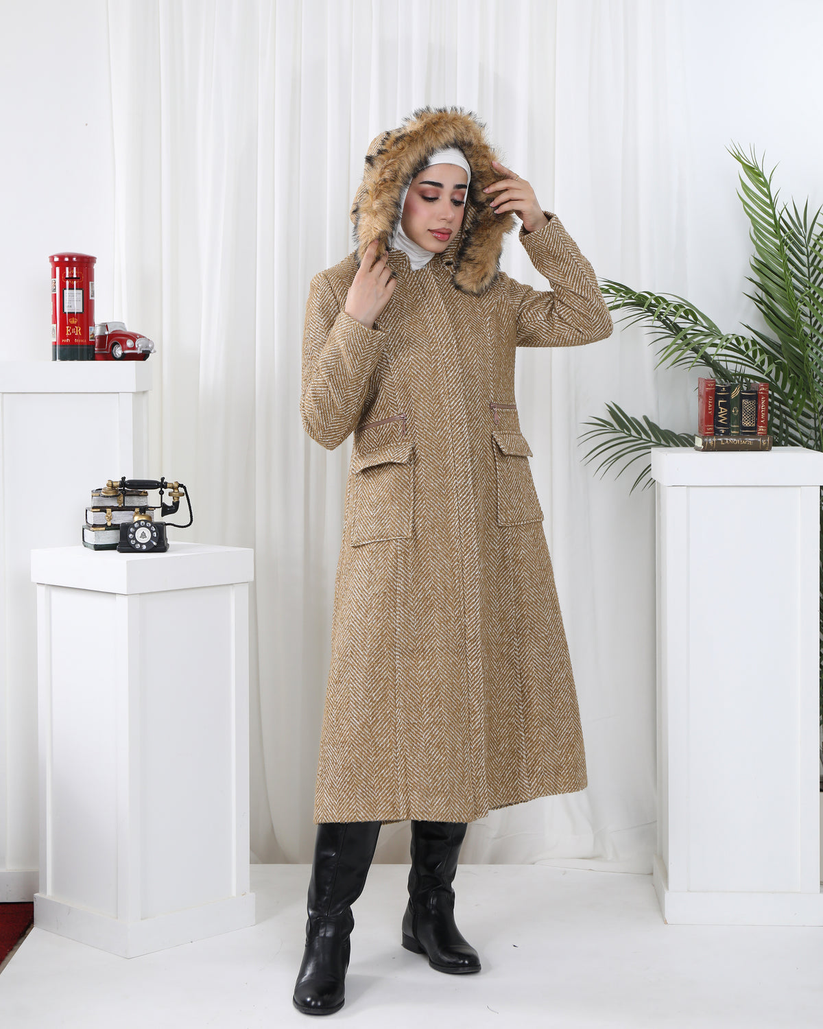 Faux Fur Hooded Felt Trench Coat – Camel