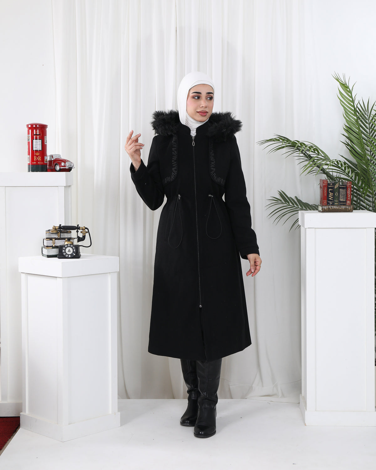 Drawstring Felt Jacket with Ruffle Detail – Black