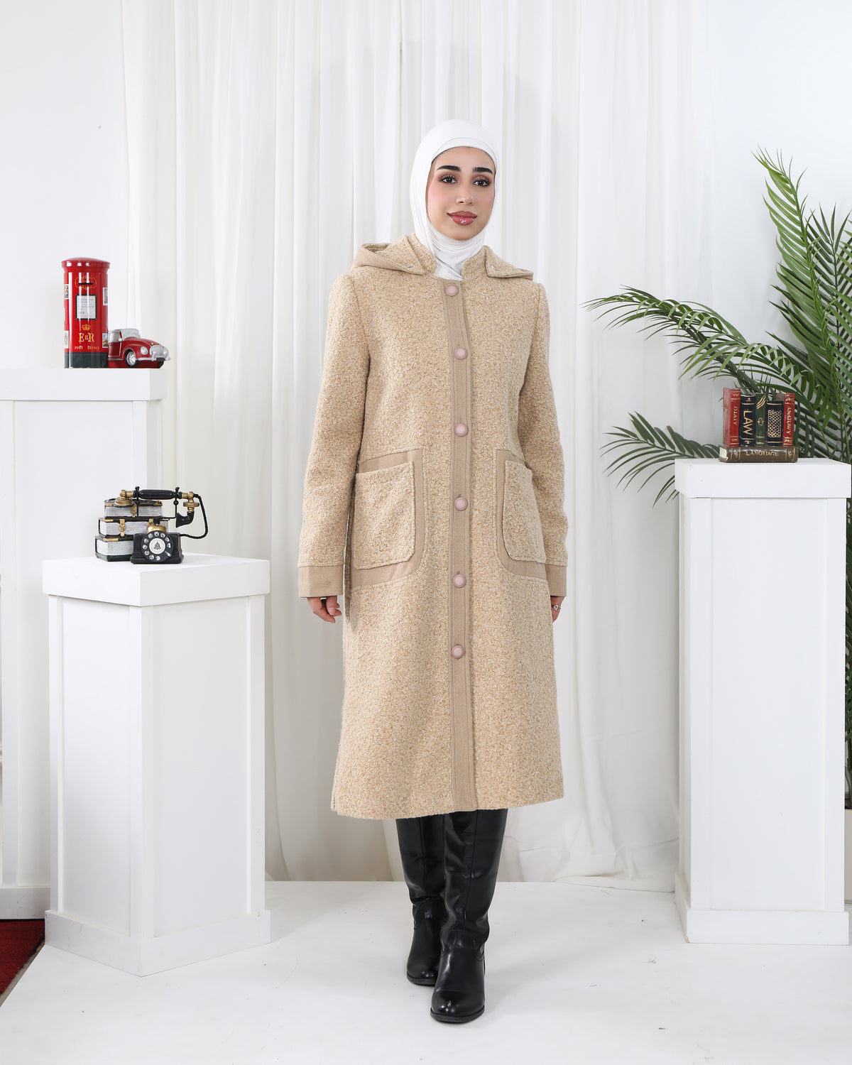 Hooded Felt Trench Jacket with Contrast Trim – Beige