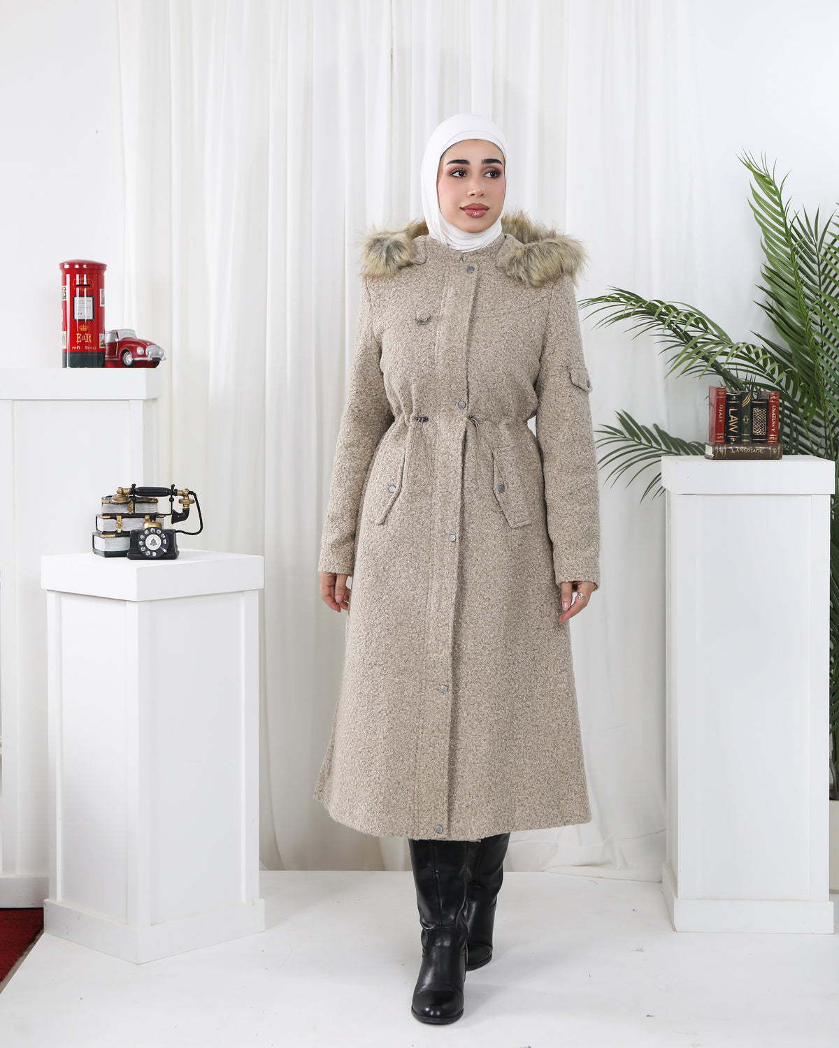 Faux Fur Hooded Wool-Blend Jacket – Beige