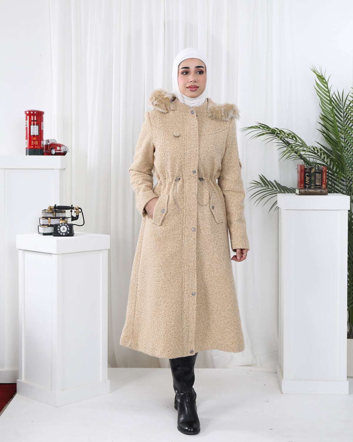 Faux Fur Hooded Textured Jacket – Cream Beige