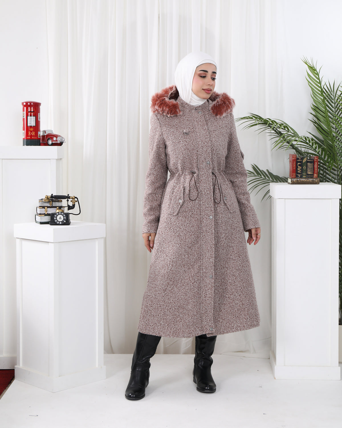 Faux Fur Textured Jacket with Drawstring Waist – Rose Taupe