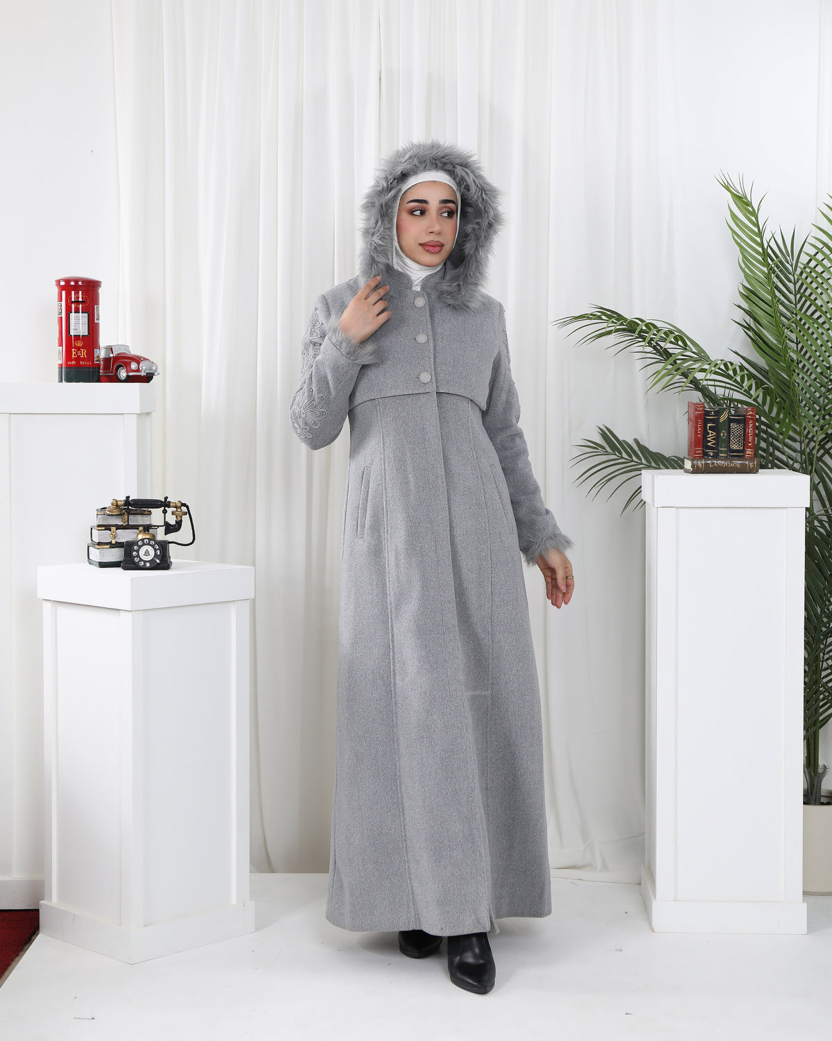 Embroidered Soft Felt Trench Coat – Light Grey