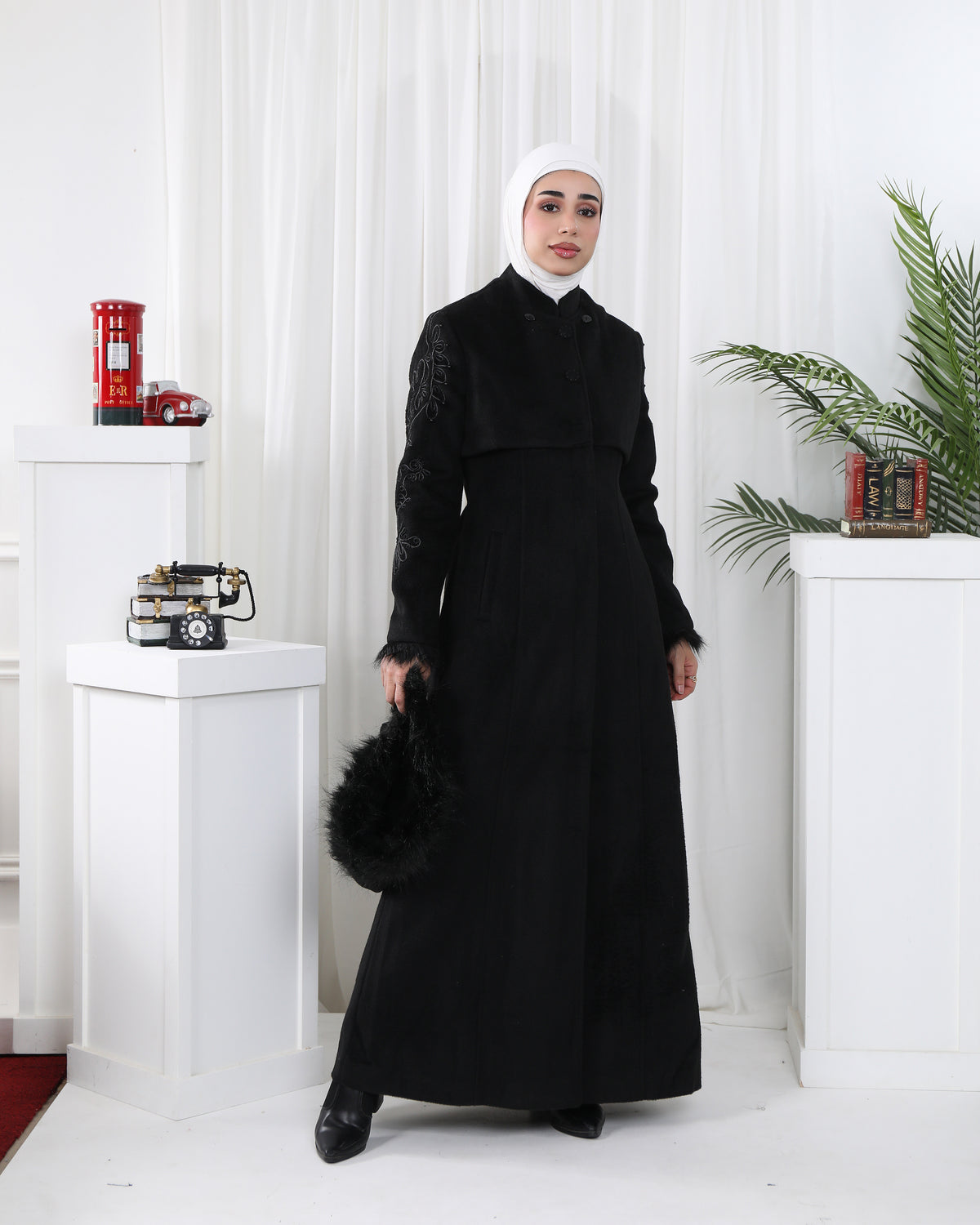 Embroidered Soft Felt Trench Coat – Black