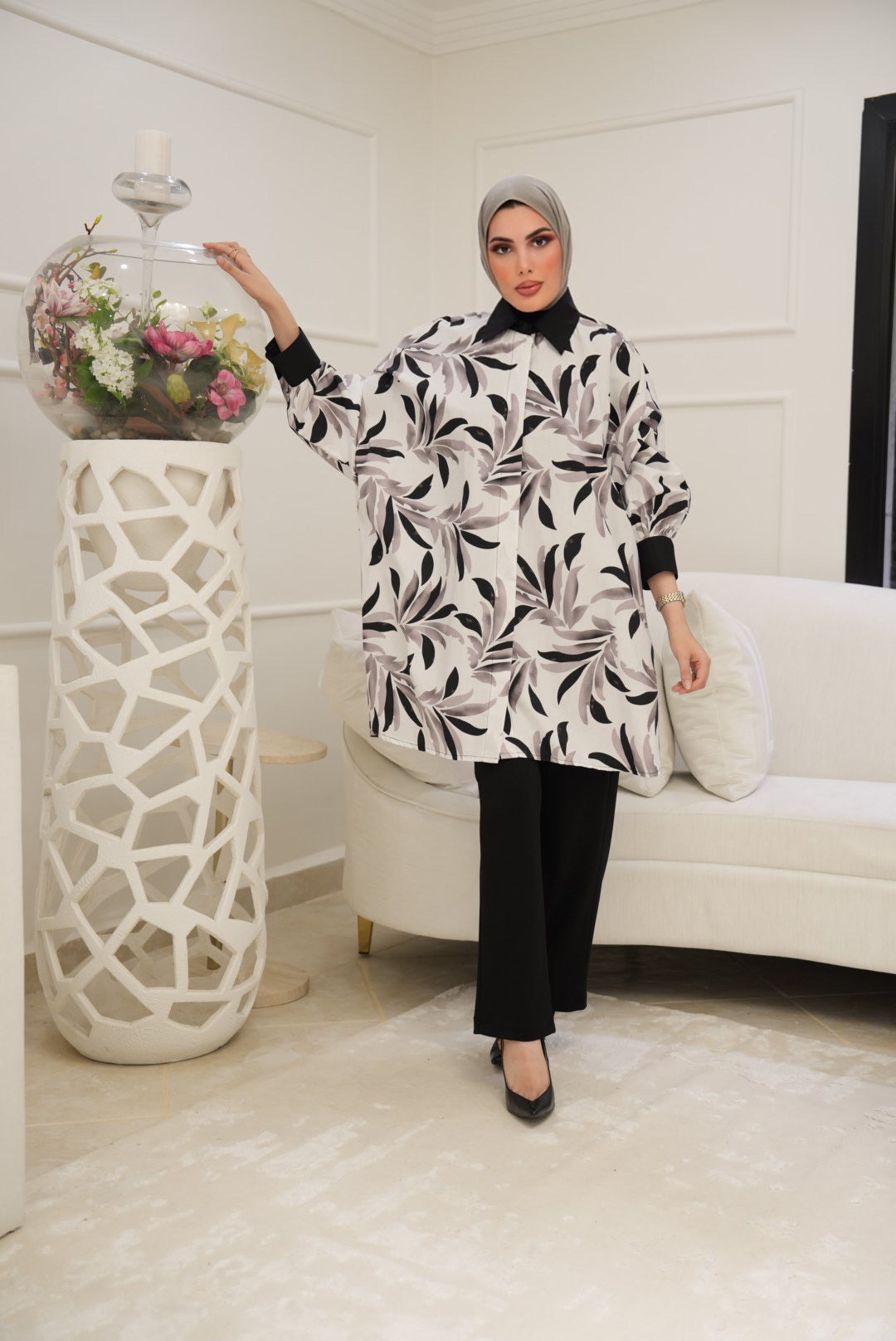 Botanical Contrast Cotton Shirt – Ivory & Taupe