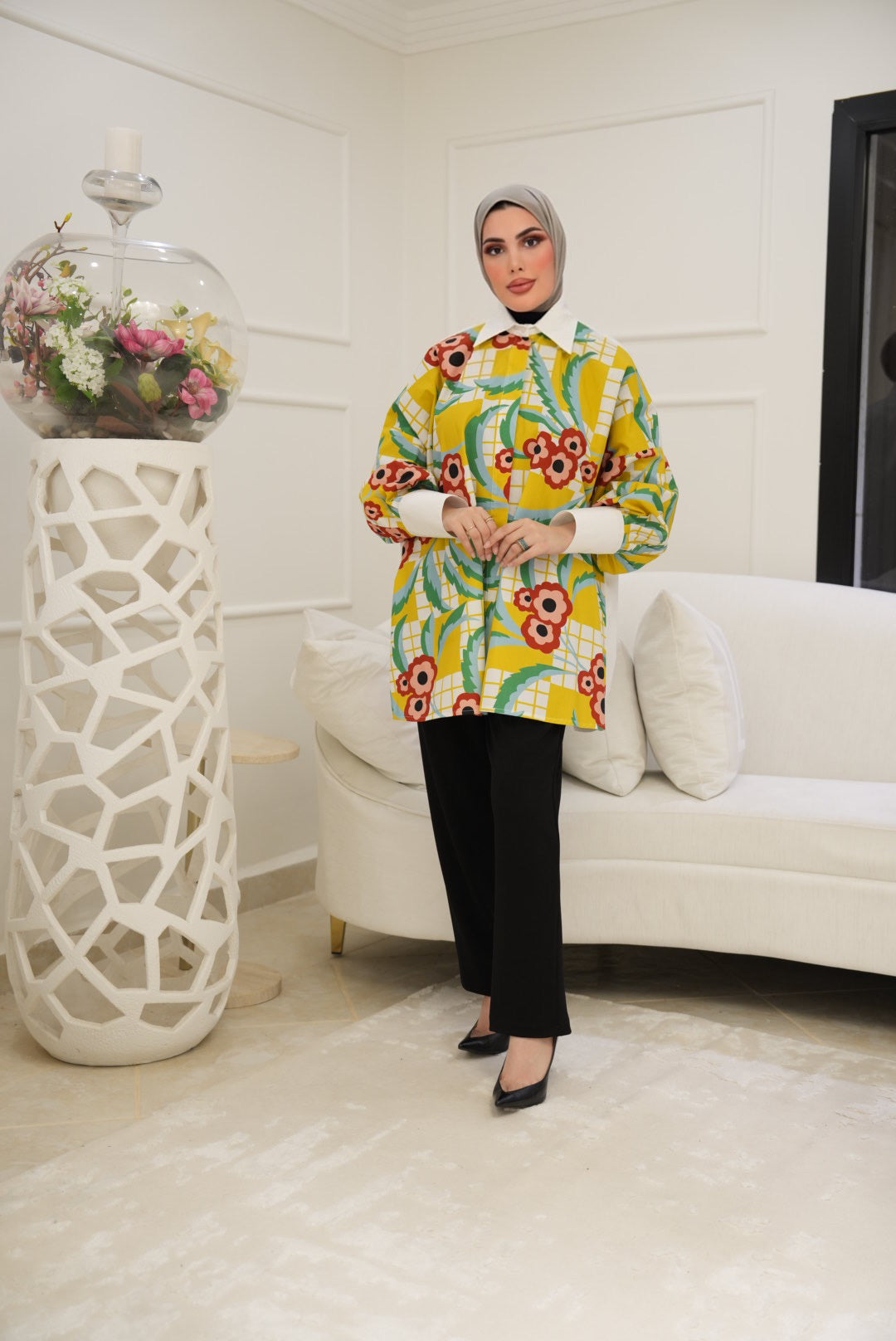 Floral Contrast Cotton Shirt – Marigold