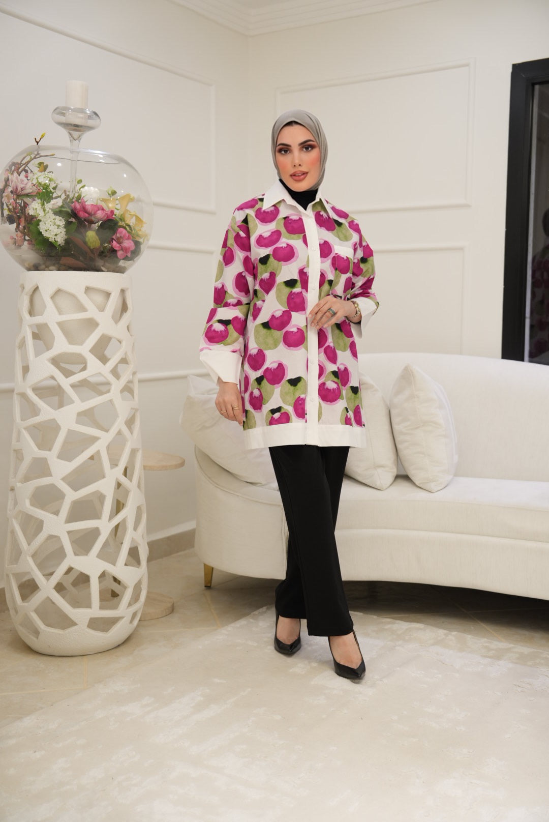 Watercolour Contrast Cotton Shirt – Fuchsia & Pistachio