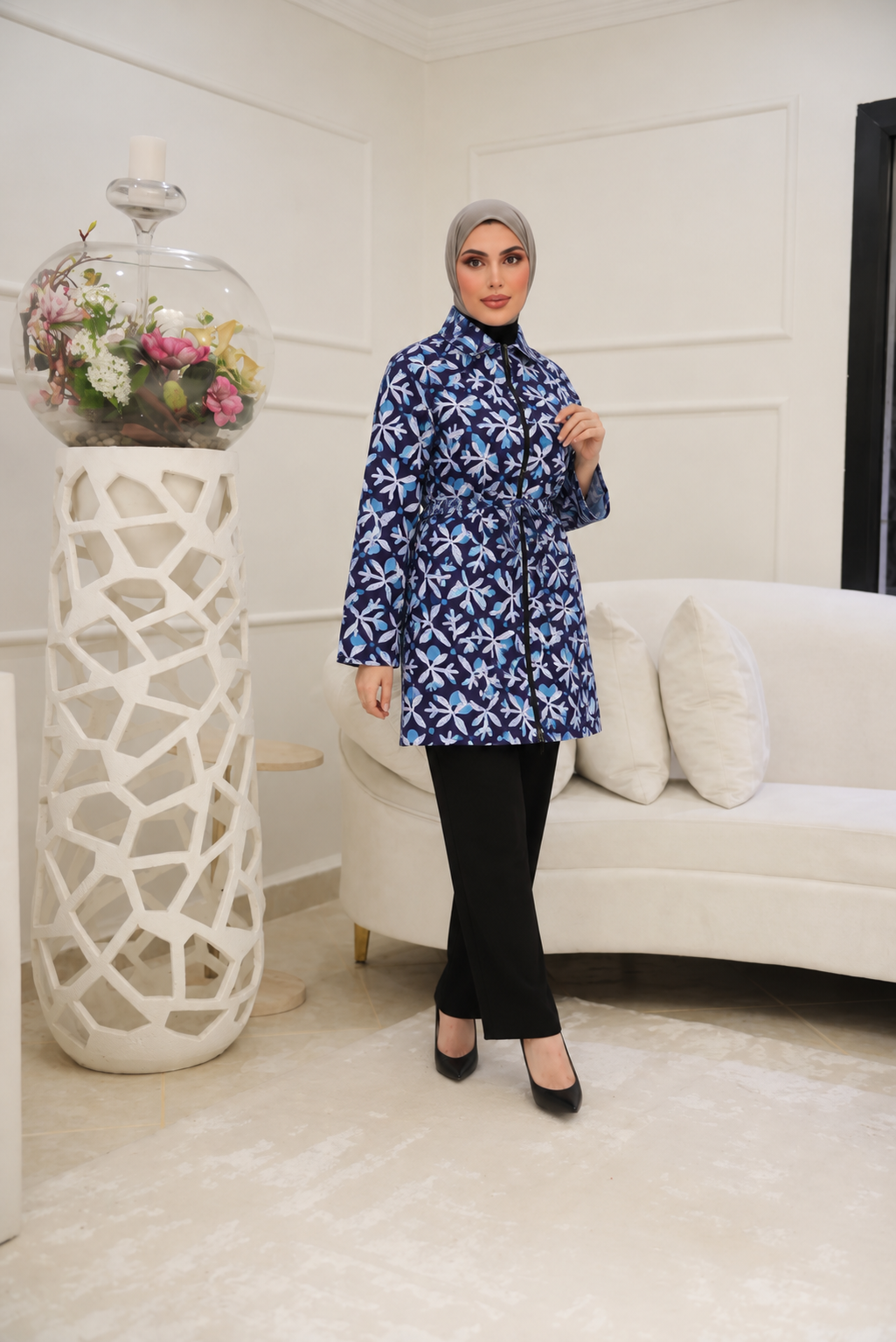 Floral Tie-Waist Cotton Jacket – Midnight & Azure