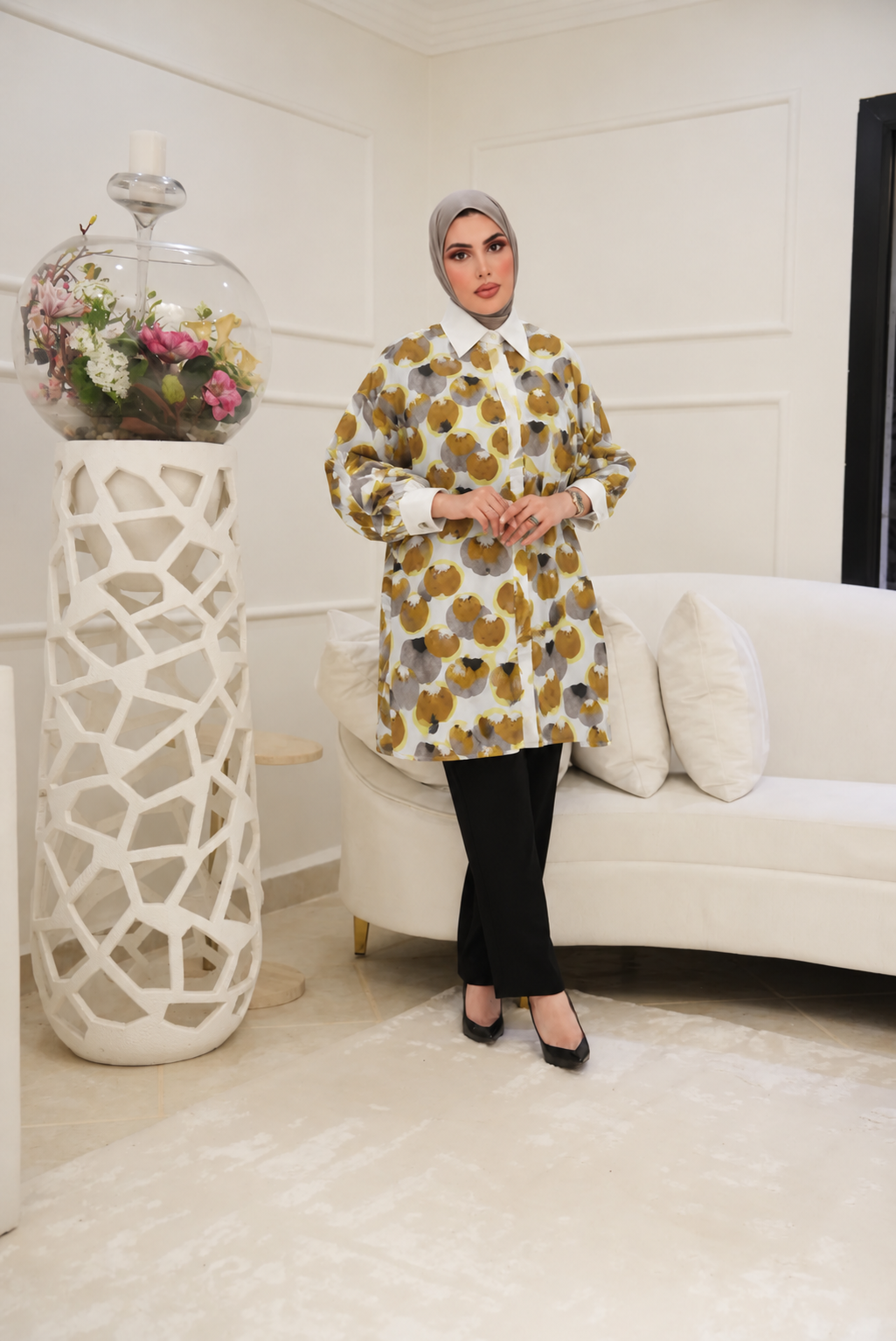 Floral Contrast Cotton Shirt – Ochre & Taupe