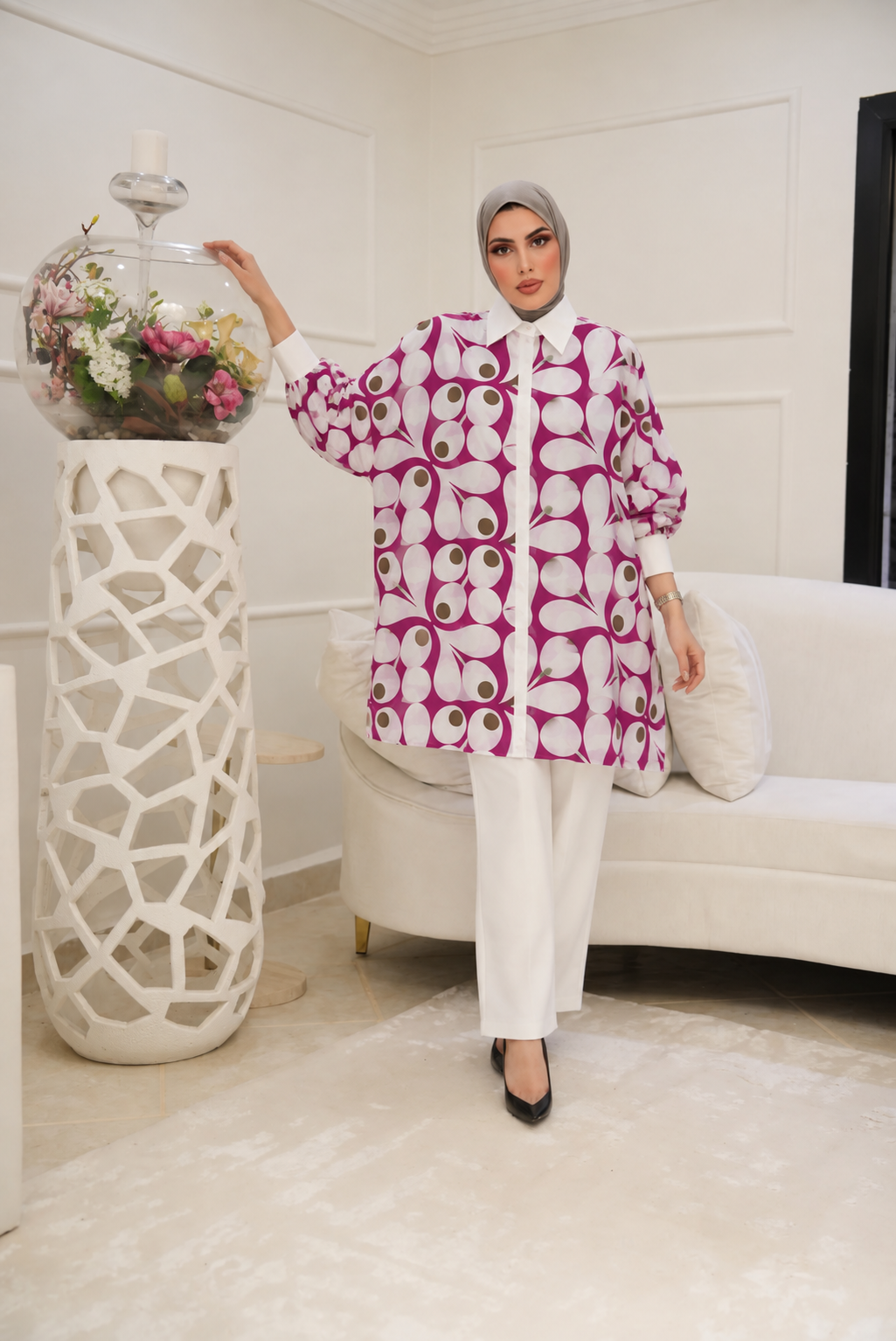Floral Contrast Cotton Shirt – Fuchsia & Pearl