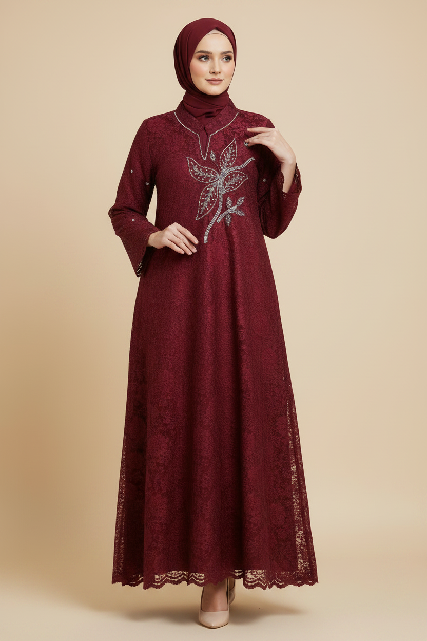 Floral Embellished Lace Dress – Burgundy