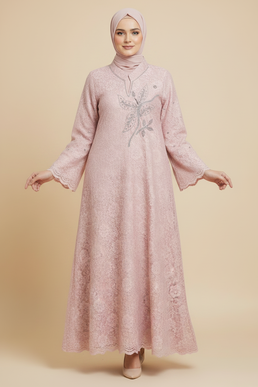 Floral Embellished Lace Dress – Blush Pink