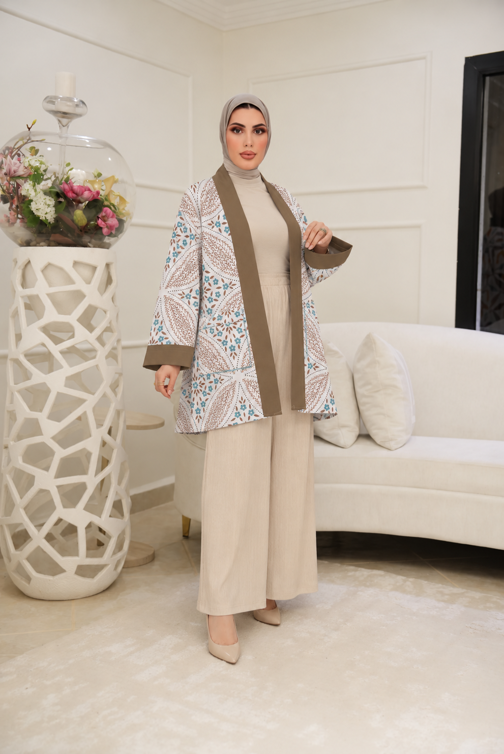 Botanical Contrast Cotton Jacket – Taupe & Turquoise