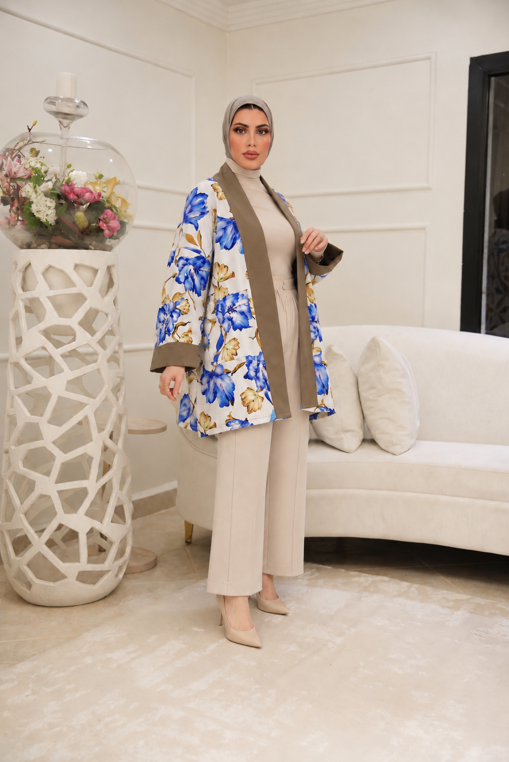 Botanical Contrast Cotton Jacket – Sapphire & Taupe