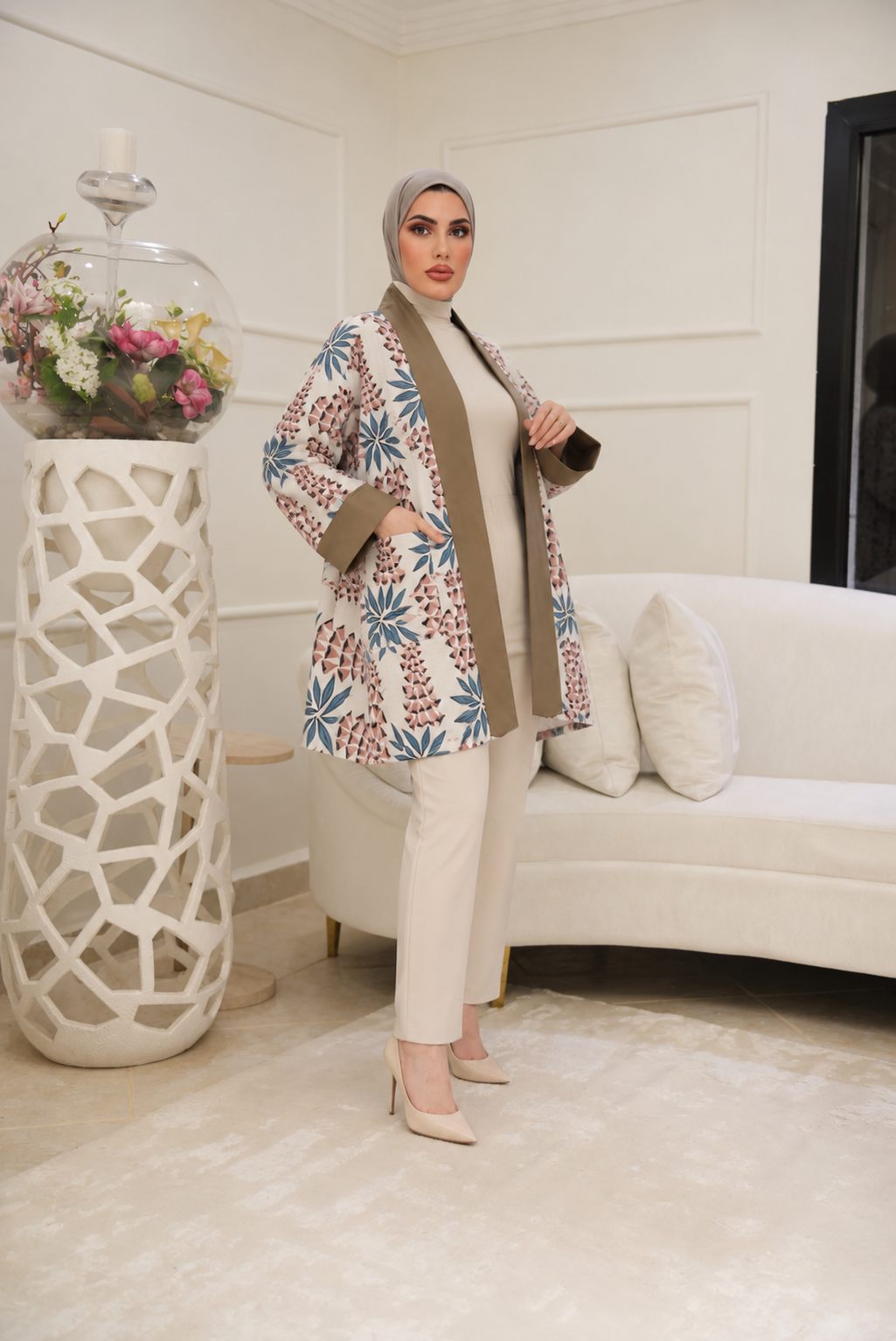 Botanical Contrast Cotton Jacket – Teal & Terracotta