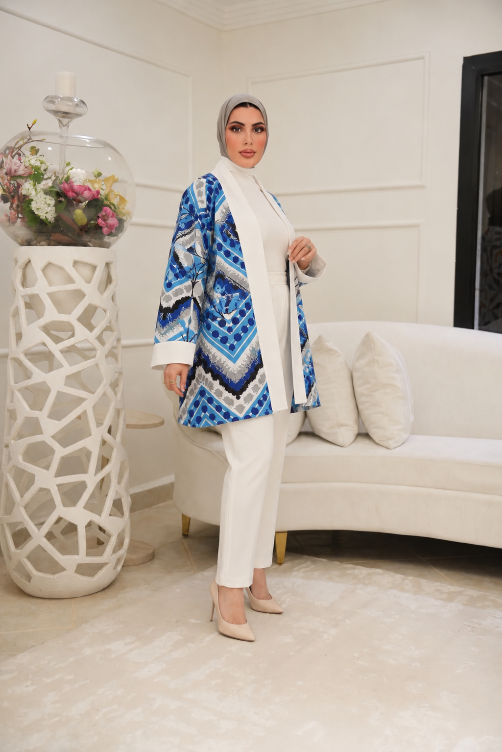 Botanical Contrast Cotton Jacket – Azure & Pearl