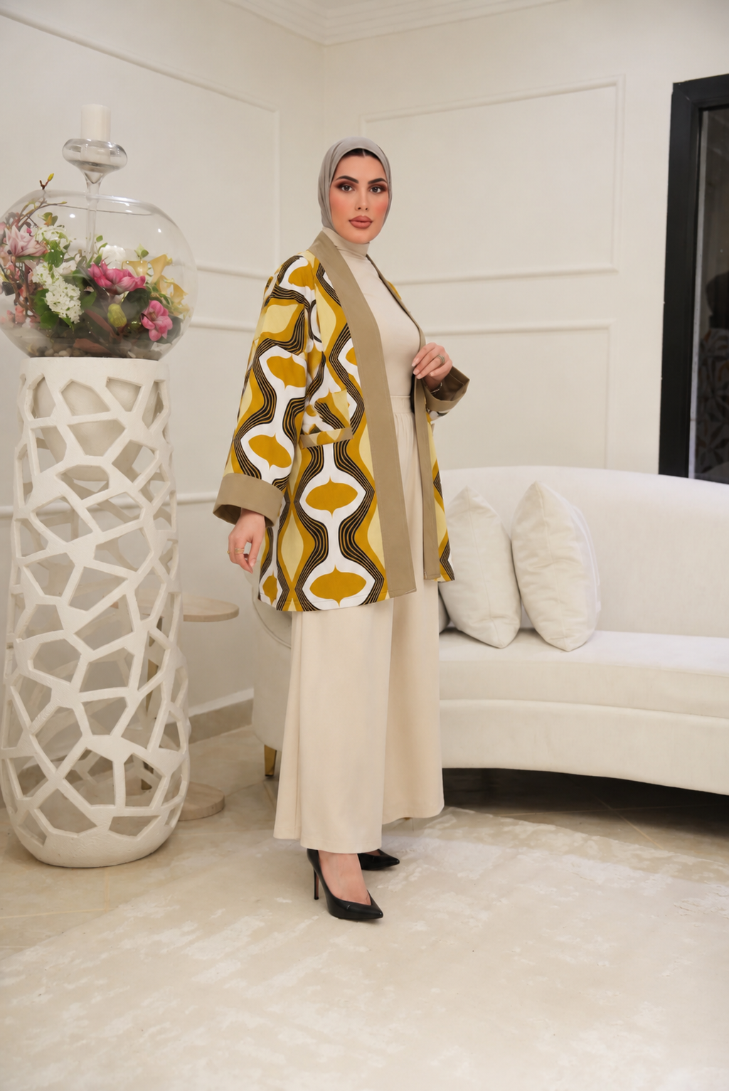 Botanical Contrast Cotton Jacket – Ochre & Sand