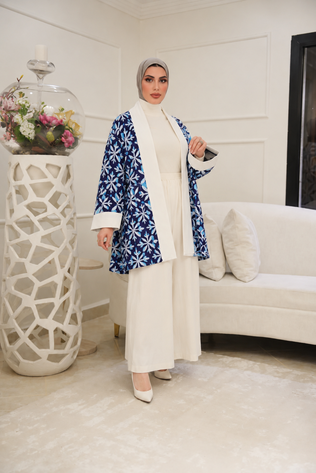 Botanical Contrast Cotton Jacket – Midnight & Azure