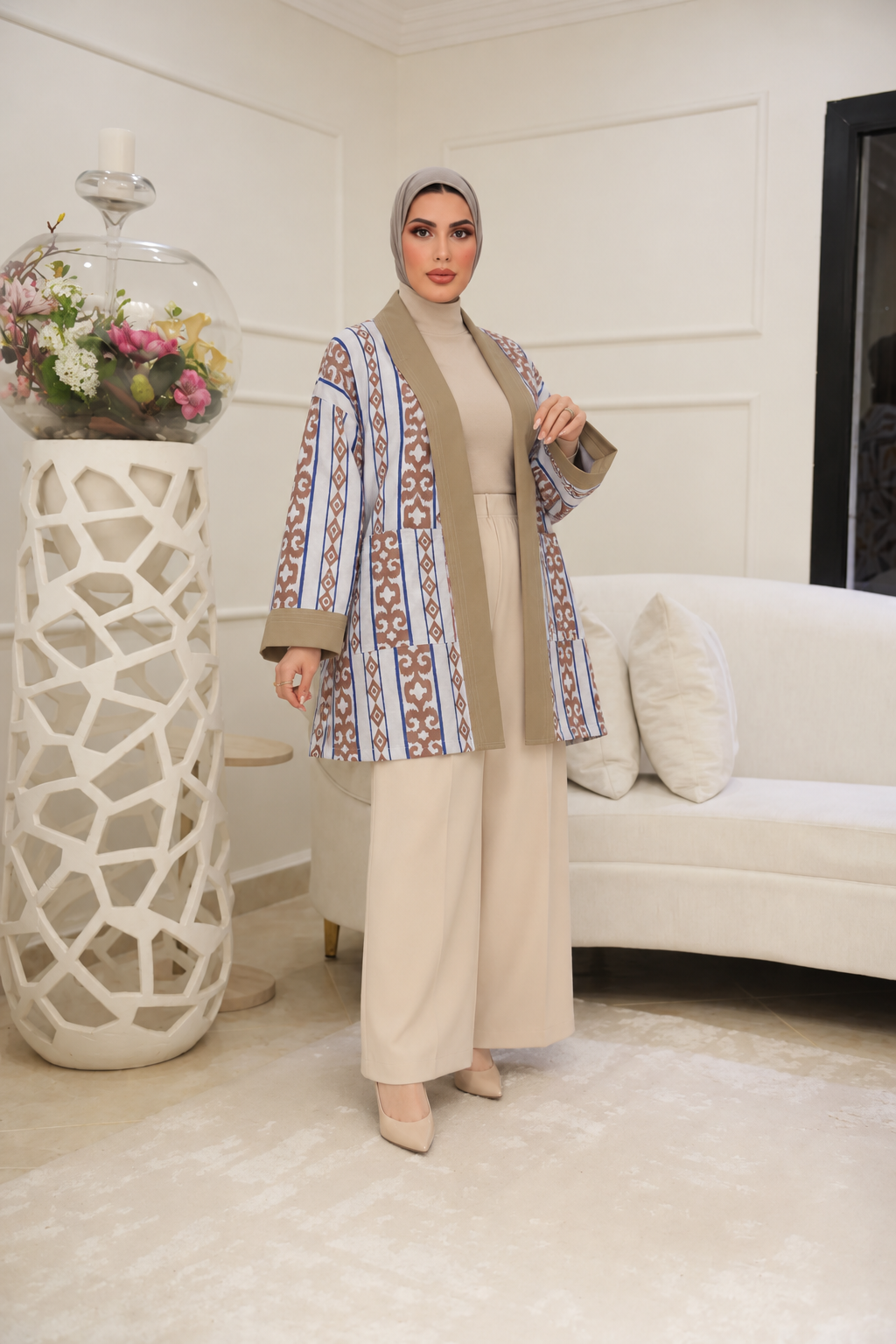 Botanical Contrast Cotton Jacket – Terracotta & Denim Blue